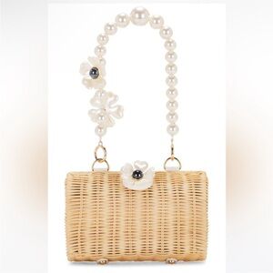 Pearl-Handle Woven Straw Handbag - Cream
